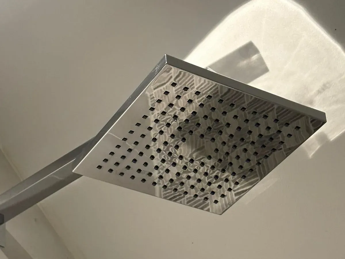 After: Shower head — limescale stripped back to bare chrome