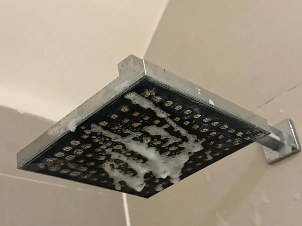 Before: Shower head — limescale stripped back to bare chrome